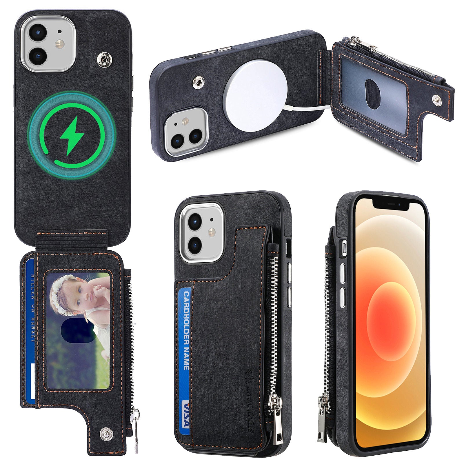 For iPhone 12 12 Pro 6.1 inch Zippered Wallet Phone Case PU Leather Coated TPU Phone Cover Compatible with MagSafe Charger For iPhone 12 12 Pro 6.1 inch Zippered Wallet Phone Case PU Leather Coated TPU Phone Cover Compatible with MagSafe Charger